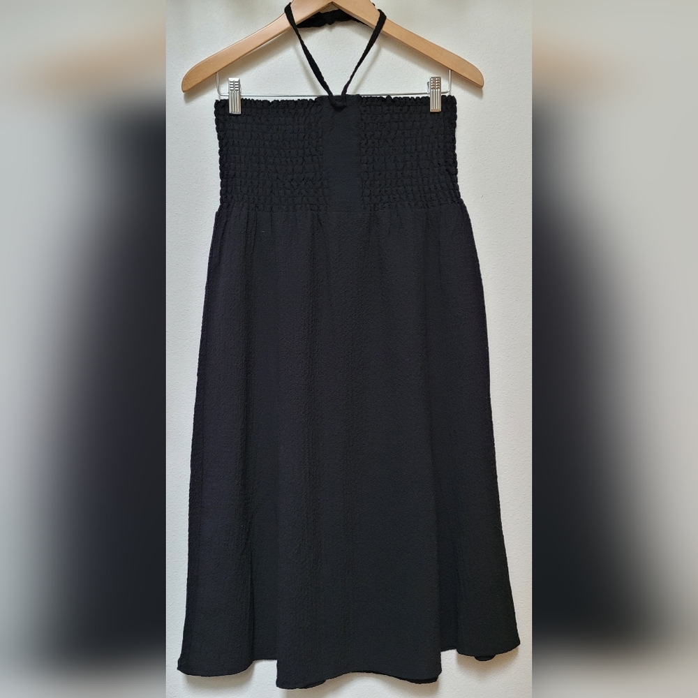 ExOfficio Smocked Convertible Travel Skirt/Dress In Black Crinkle Material